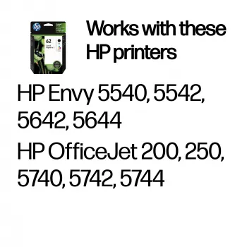 HP 62 2-pack Melnā/Krāsu oriģinālās tintes kasetnes, melna, ciāna, fuksīna, dzeltena, pigmenta tinte, 2 gab., 200 lapas