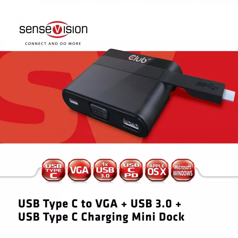 CLUB3D USB Type-C uz VGA + USB 3.0 + USB Type-C uzlādes Mini Doks