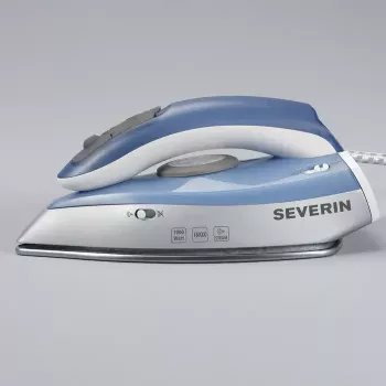 Sausā un tvaika gludeklis SEVERIN BA 3234, 1000 W, nerūsējošā tērauda zole, 0.05 L ūdens tvertne, divsprieguma, vertikālais tvaiks, zils/sudrabs