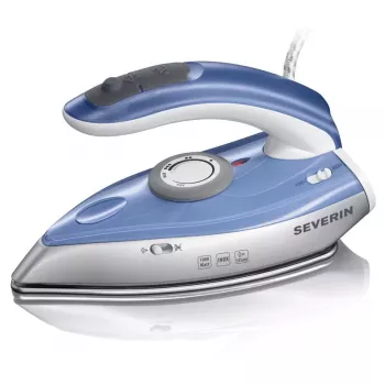 Sausā un tvaika gludeklis SEVERIN BA 3234, 1000 W, nerūsējošā tērauda zole, 0.05 L ūdens tvertne, divsprieguma, vertikālais tvaiks, zils/sudrabs