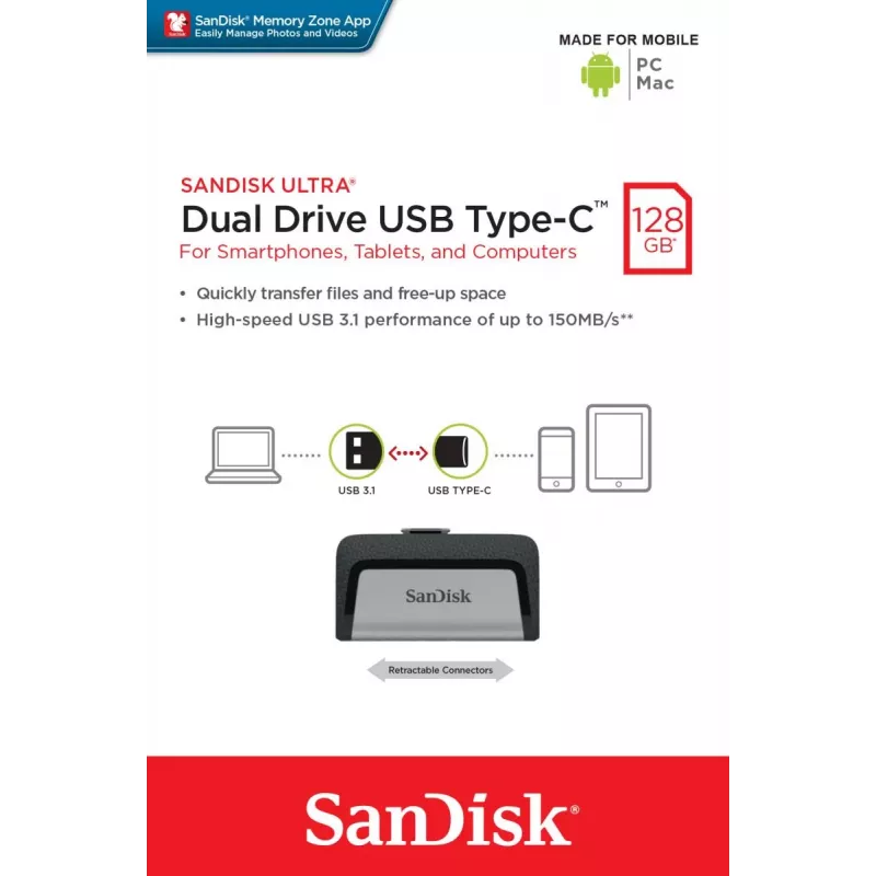 USB zibatmiņa SanDisk 128 GB USB Type-A USB Type-C Ultra Dual Drive