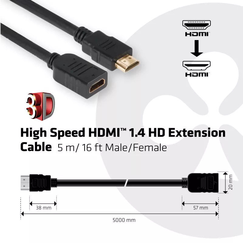 CLUB3D High Speed HDMI™ 1.4 pagarinājuma kabelis 5m/16ft vīrietis/sieviete