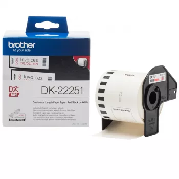 Brother DK-22251 lentes kasetne melna un sarkana uz balta fona
