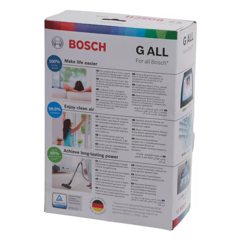 Putekļsūcēja piederumu komplekts Bosch BBZ 41FGALL — 4 putekļu maisiņi un 1 filtrs, svars 0.14 kg, kompakts iepakojums