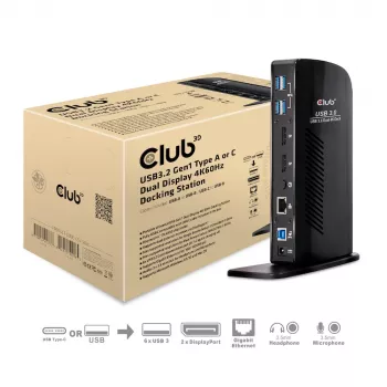 CLUB3D USB3.2 Gen1 Type A/C Divu Displeju 4K60Hz Dokstacija ar DisplayLink® Sertifikātu