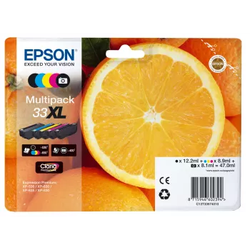 Epson Oranges Multipack 5 krāsas 33XL Claria Premium Tinte, Augstas (XL) ietilpības, Melna, Fotogrāfiju melna, Ciāna, Fuksīns, Dzeltena, Pigmenta bāzes tinte, Krāsvielu bāzes tinte, 12,2 ml, 8,9 ml