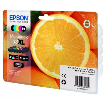 Epson Oranges Multipack 5 krāsas 33XL Claria Premium Tinte, Augstas (XL) ietilpības, Melna, Fotogrāfiju melna, Ciāna, Fuksīns, Dzeltena, Pigmenta bāzes tinte, Krāsvielu bāzes tinte, 12,2 ml, 8,9 ml