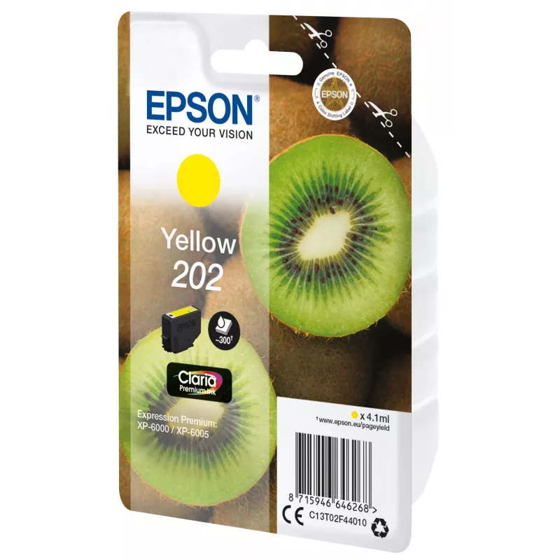 Epson Kiwi Singlepack Yellow 202 Claria Premium tinte, dzeltena, standarta ietilpība, 4.1 ml, 1 gab., 300 lpp.