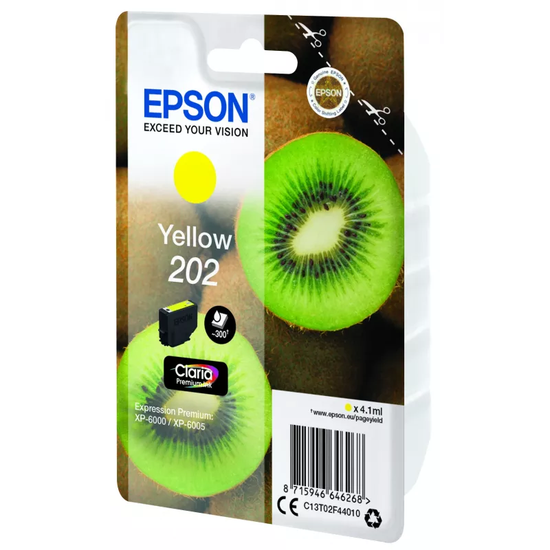 Epson Kiwi Singlepack Yellow 202 Claria Premium tinte, dzeltena, standarta ietilpība, 4.1 ml, 1 gab., 300 lpp.