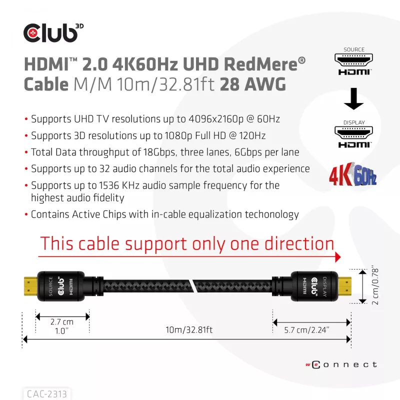CLUB3D HDMI 2.0 RedMere kabelis 10m (CAC-2313)