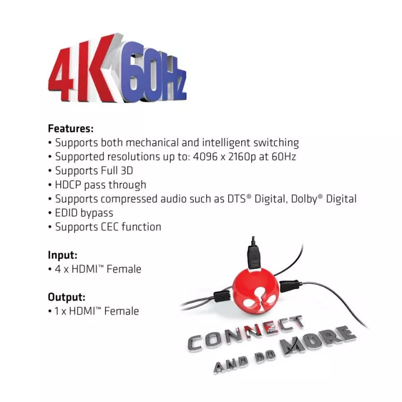 CLUB3D HDMI 2.0 UHD 4K60Hz SwitchBox 4 porti ar IR tālvadības pulti