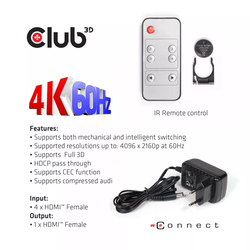 CLUB3D HDMI 2.0 UHD 4K60Hz SwitchBox 4 porti ar IR tālvadības pulti