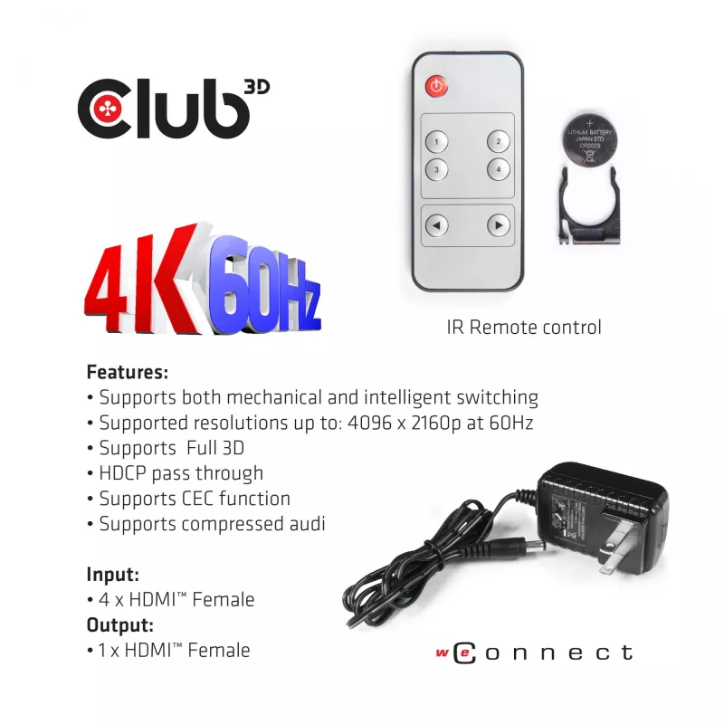CLUB3D HDMI 2.0 UHD 4K60Hz SwitchBox 4 porti ar IR tālvadības pulti