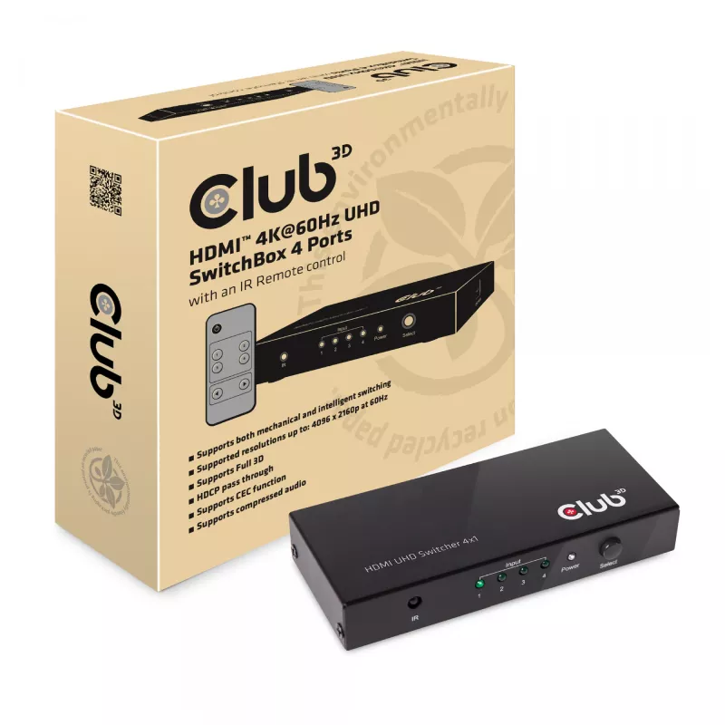 CLUB3D HDMI 2.0 UHD 4K60Hz SwitchBox 4 porti ar IR tālvadības pulti