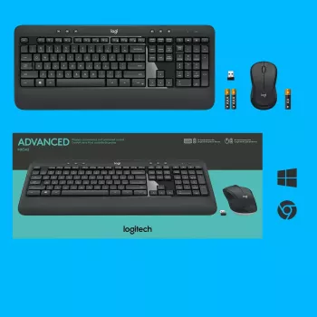 Bezvadu tastatūras un peles komplekts Logitech MK540 Advanced — pilna izmēra QWERTY tastatūra, USB uztvērējs, US izkārtojums, ergonomiska pele, melns/balts