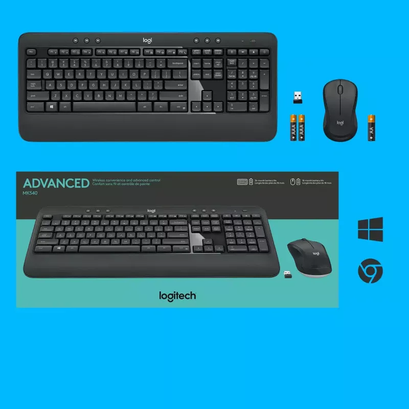 Bezvadu tastatūras un peles komplekts Logitech MK540 Advanced — pilna izmēra QWERTY tastatūra, USB uztvērējs, US izkārtojums, ergonomiska pele, melns/balts