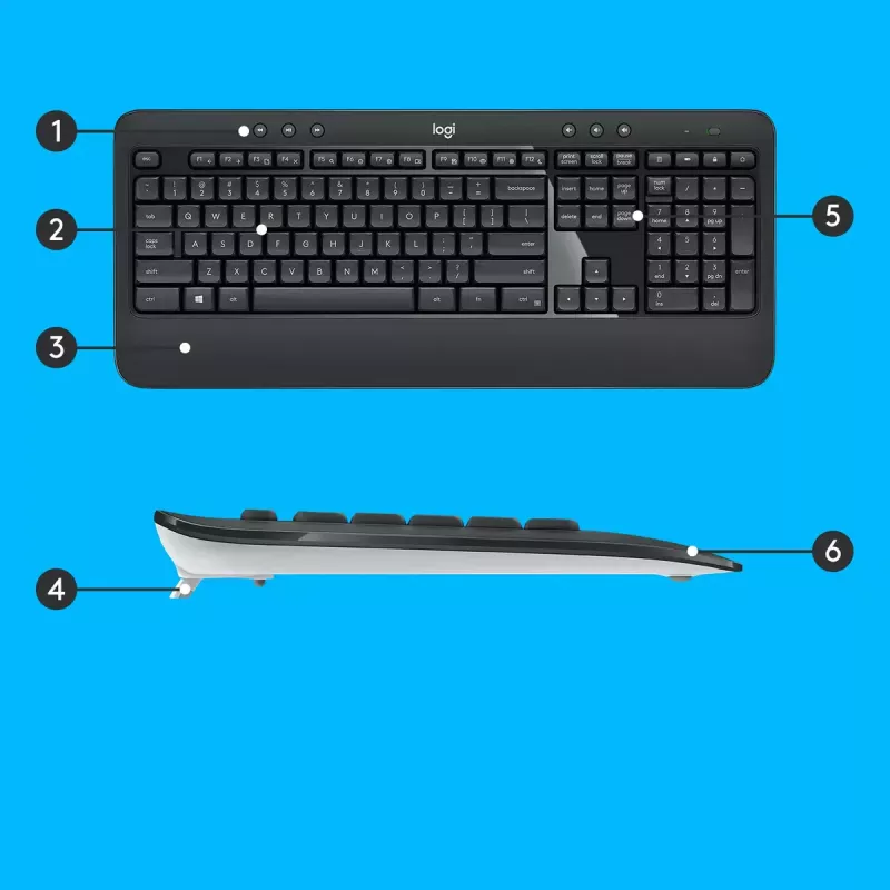 Bezvadu tastatūras un peles komplekts Logitech MK540 Advanced — pilna izmēra QWERTY tastatūra, USB uztvērējs, US izkārtojums, ergonomiska pele, melns/balts