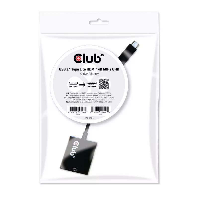 CLUB 3D CAC-2504 USB 3.1 Type-C uz HDMI 2.0 aktīvs adapteris 4K 60Hz