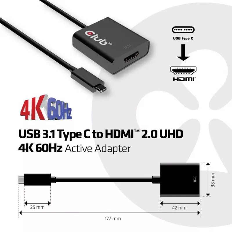 CLUB 3D CAC-2504 USB 3.1 Type-C uz HDMI 2.0 aktīvs adapteris 4K 60Hz
