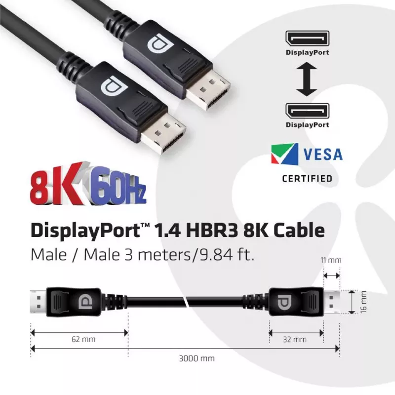 CLUB3D DisplayPort 1.4 HBR3 8K 28AWG kabelis M/M 3m