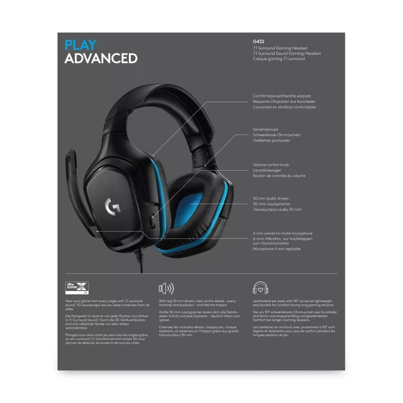 LOGITECH G432 - USB / 3.5mm - Spēļu austiņas - 7.1 Surround - Zila