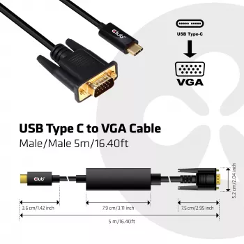 USB Type-C uz VGA aktīvais kabelis M/M CLUB3D CAC-1512 5m