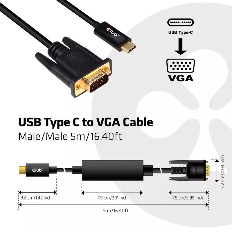 USB Type-C uz VGA aktīvais kabelis M/M CLUB3D CAC-1512 5m