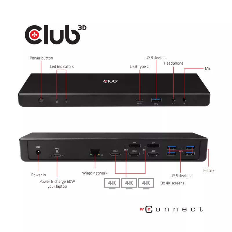 CLUB3D CSV-1562 USB-C 3.2 Gen1 Universāla Triple 4K30Hz Dokošanas stacija ar DisplayLink