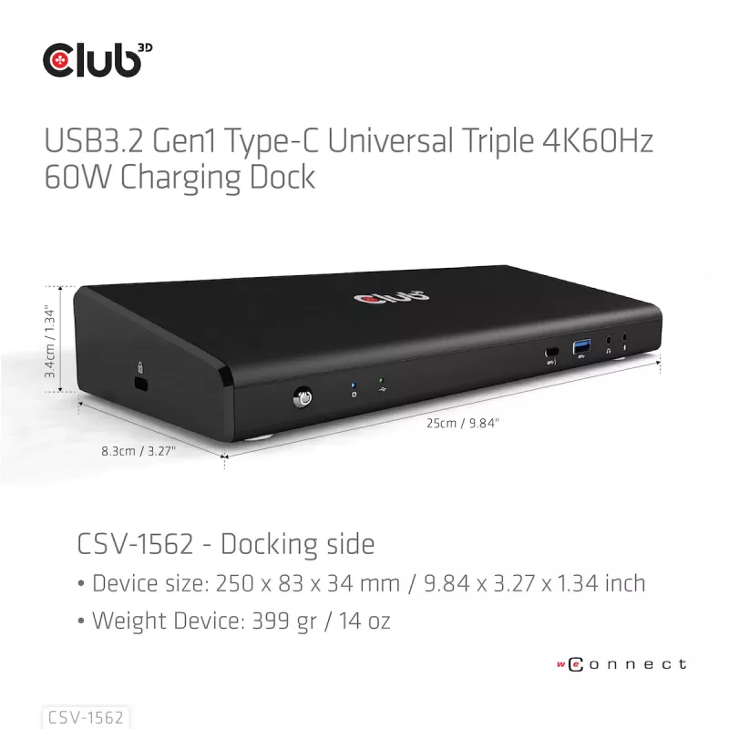 CLUB3D CSV-1562 USB-C 3.2 Gen1 Universāla Triple 4K30Hz Dokošanas stacija ar DisplayLink