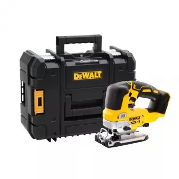 Finierzāģis DeWALT DCS334NT-XJ bezvadu 18V, gājiens 2,6 cm, griešanas dziļums kokā 135 mm, slīpums 0–45°, augšējais rokturis, mīksts satvēriens