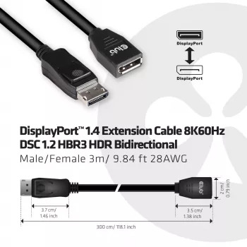 CLUB3D DisplayPort 1.4 pagarinātājvads 8K60Hz DSC 1.2 HBR3 HDR divvirzienu M/F 3m