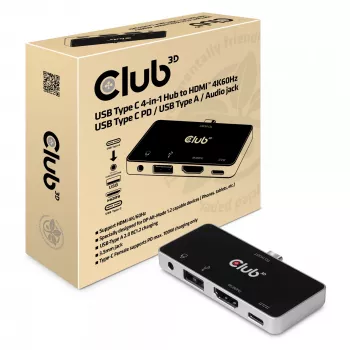 CLUB3D USB Type C 4-in-1 Hub ar HDMI 4K60Hz, USB Type C PD, USB Type A un audio ligzdu