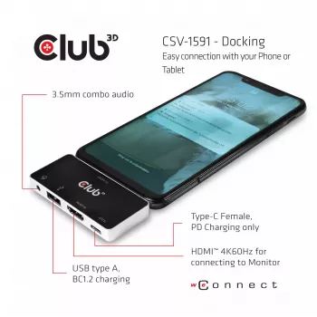 CLUB3D USB Type C 4-in-1 Hub ar HDMI 4K60Hz, USB Type C PD, USB Type A un audio ligzdu