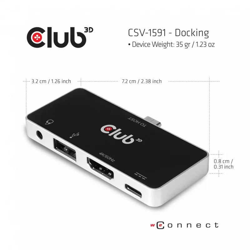 CLUB3D USB Type C 4-in-1 Hub ar HDMI 4K60Hz, USB Type C PD, USB Type A un audio ligzdu