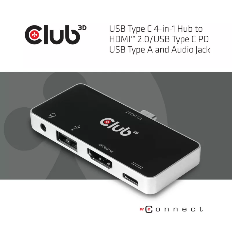CLUB3D USB Type C 4-in-1 Hub ar HDMI 4K60Hz, USB Type C PD, USB Type A un audio ligzdu