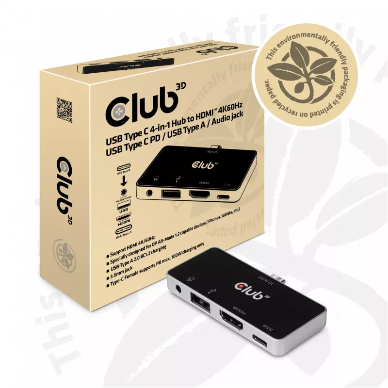 CLUB3D USB Type C 4-in-1 Hub ar HDMI 4K60Hz, USB Type C PD, USB Type A un audio ligzdu