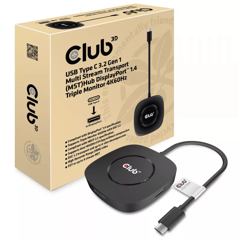 CLUB3D USB Type-C 3.2 Gen 1 MST Hub DisplayPort 1.4 trīs monitoru