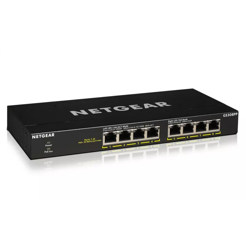 NETGEAR GS308PP Nenodrošināts Gigabitu Ethernet (10/100/1000) slēdzis ar PoE, Melns