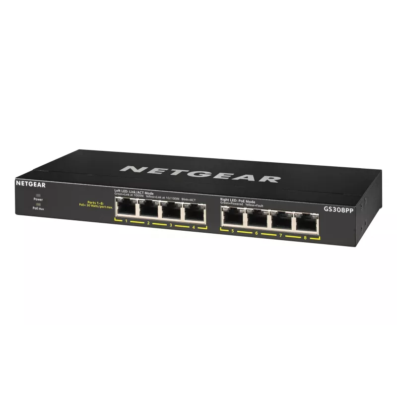 NETGEAR GS308PP Nenodrošināts Gigabitu Ethernet (10/100/1000) slēdzis ar PoE, Melns