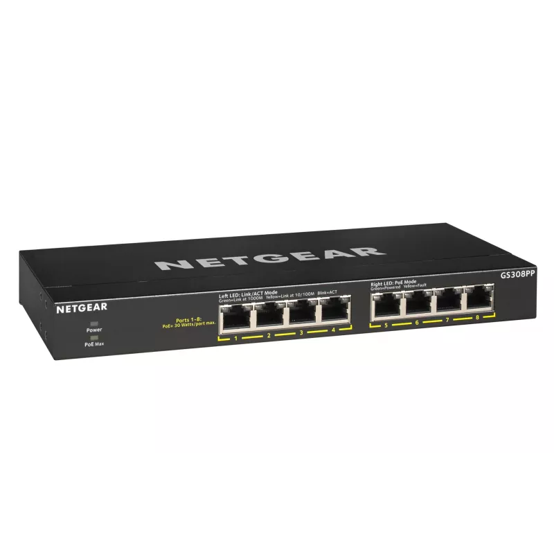 NETGEAR GS308PP Nenodrošināts Gigabitu Ethernet (10/100/1000) slēdzis ar PoE, Melns