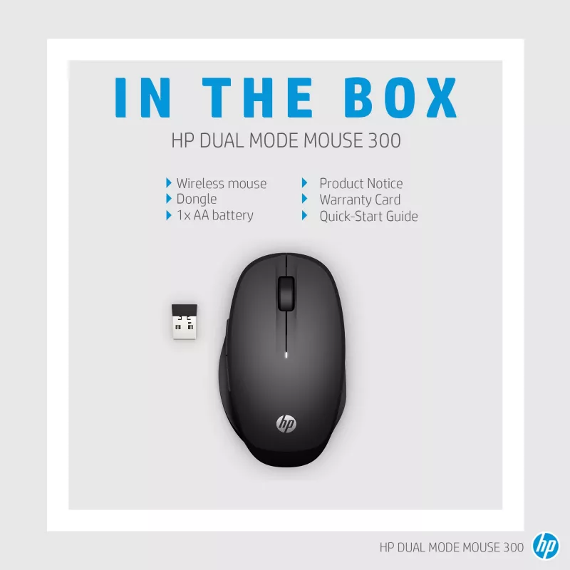 HP Dual Mode Black Mouse 300, labā roka, optiskā, RF bezvadu, 3600 DPI, melna