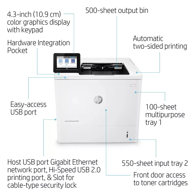 HP LaserJet Enterprise M611dn, lāzerprinteris, 1200 x 1200 DPI, A4, 61 lpp/min, dupleksā druka, tīkls