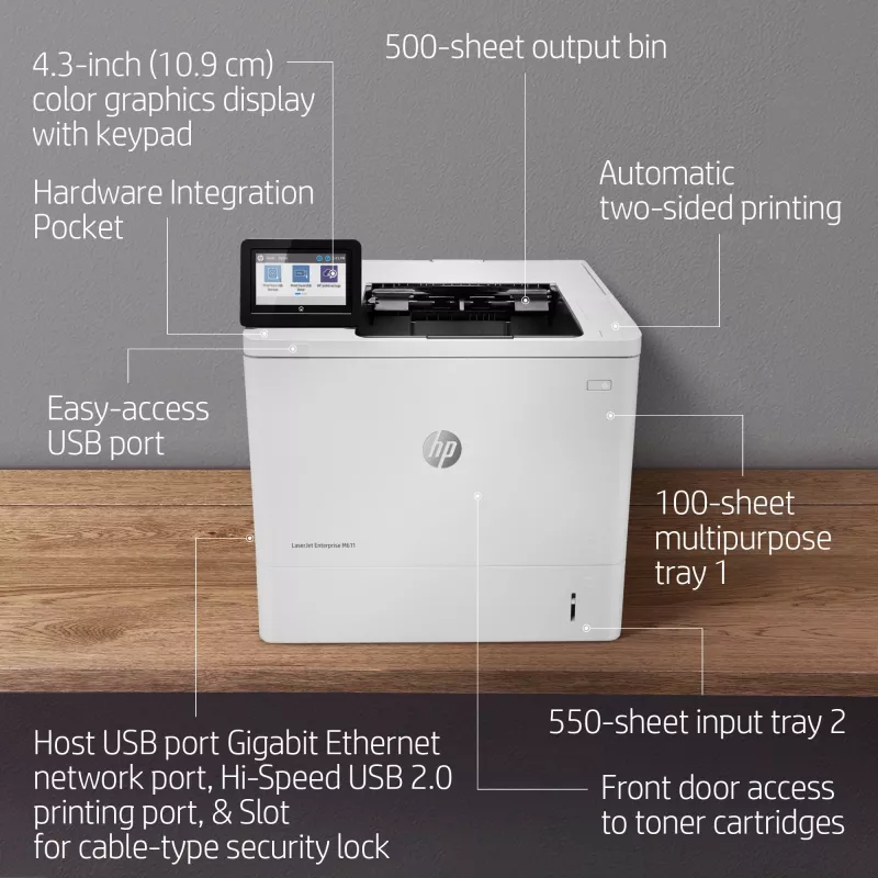 HP LaserJet Enterprise M611dn, lāzerprinteris, 1200 x 1200 DPI, A4, 61 lpp/min, dupleksā druka, tīkls