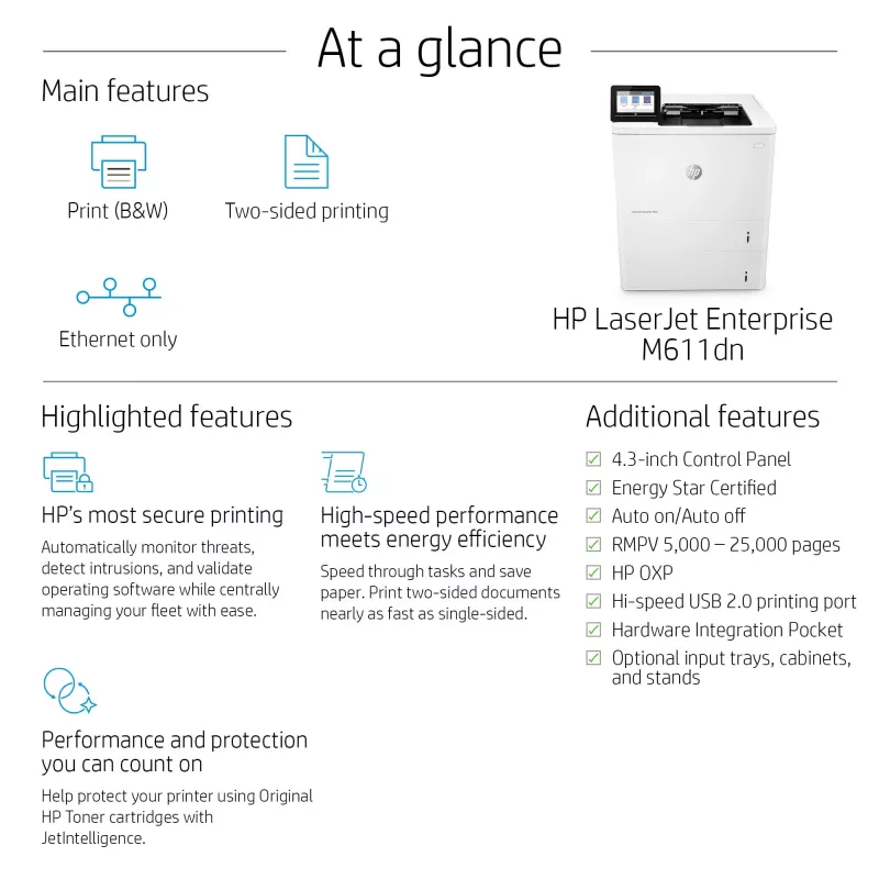HP LaserJet Enterprise M611dn, lāzerprinteris, 1200 x 1200 DPI, A4, 61 lpp/min, dupleksā druka, tīkls