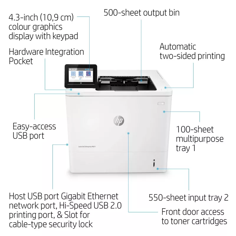 HP LaserJet Enterprise M611dn, lāzerprinteris, 1200 x 1200 DPI, A4, 61 lpp/min, dupleksā druka, tīkls