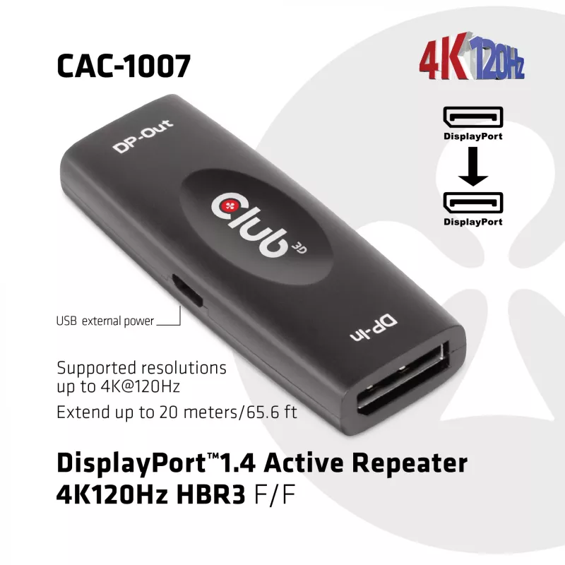 DisplayPort aktīvais retranslators CLUB3D CAC-1007 4K120Hz HBR3