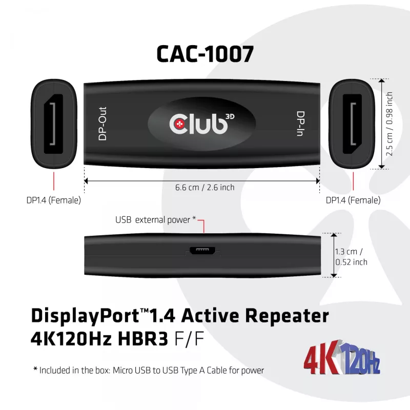 DisplayPort aktīvais retranslators CLUB3D CAC-1007 4K120Hz HBR3
