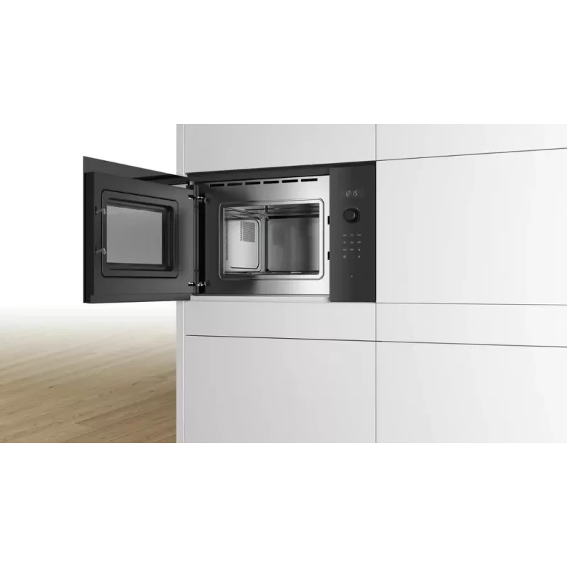 Iebūvējamā solo mikroviļņu krāsns Bosch Serie 6 BFL524MB0 — 800 W, 20 L, grils, skārienvadība un rotācijas regulators, melna