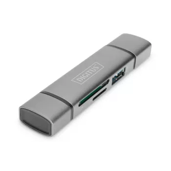 DIGITUS DA-70886 Kombinētais karšu lasītājs USB-C + USB 3.0, 1x SD, 1x MicroSD, 1x USB 3.0, pelēks