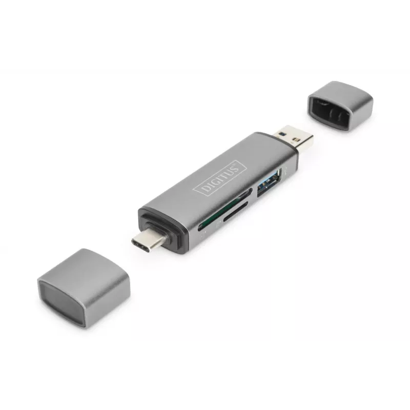 DIGITUS DA-70886 Kombinētais karšu lasītājs USB-C + USB 3.0, 1x SD, 1x MicroSD, 1x USB 3.0, pelēks